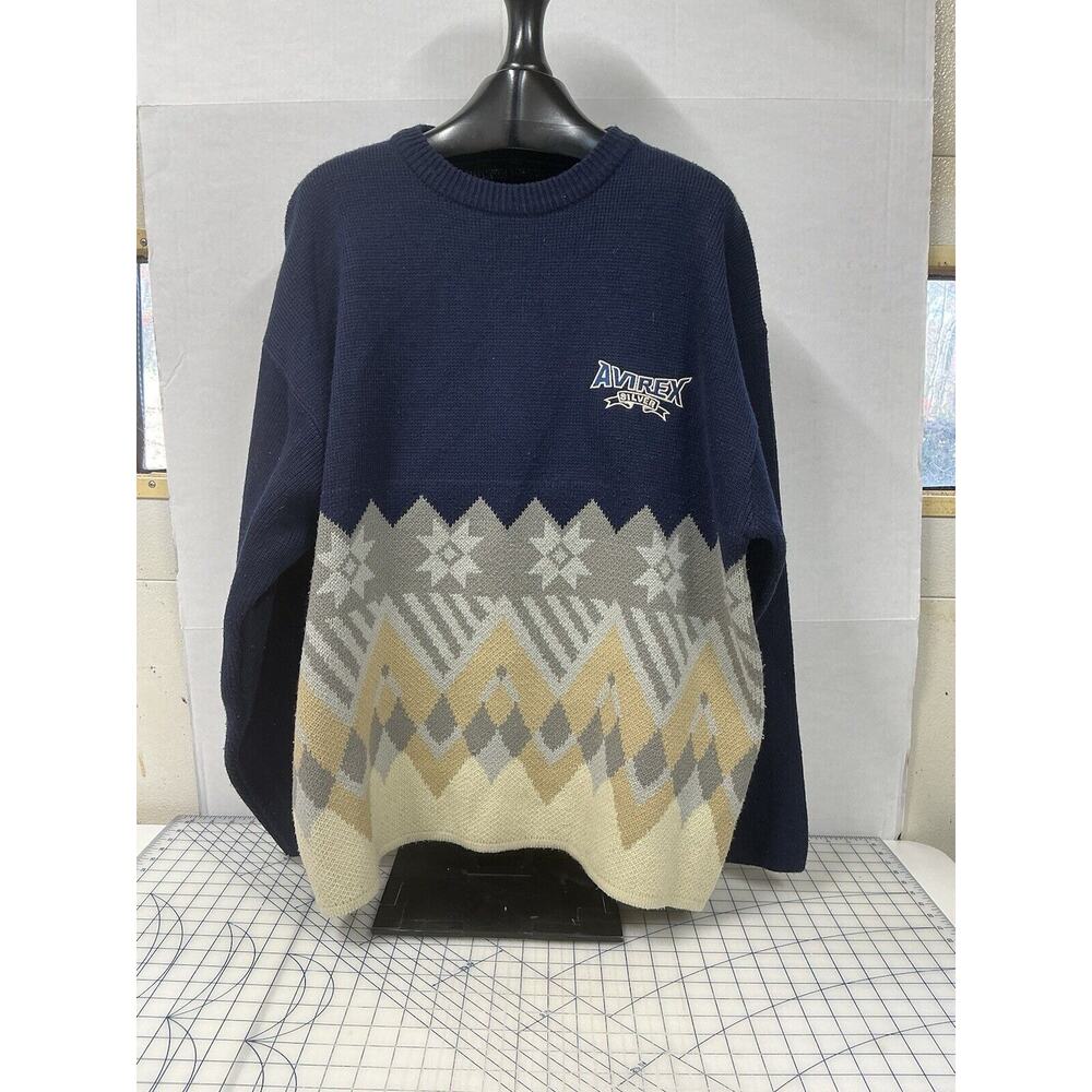 AVIREX Silver Sweater‎ Mens Navy/Cream Print Long Sleeve Size XXL with Logo